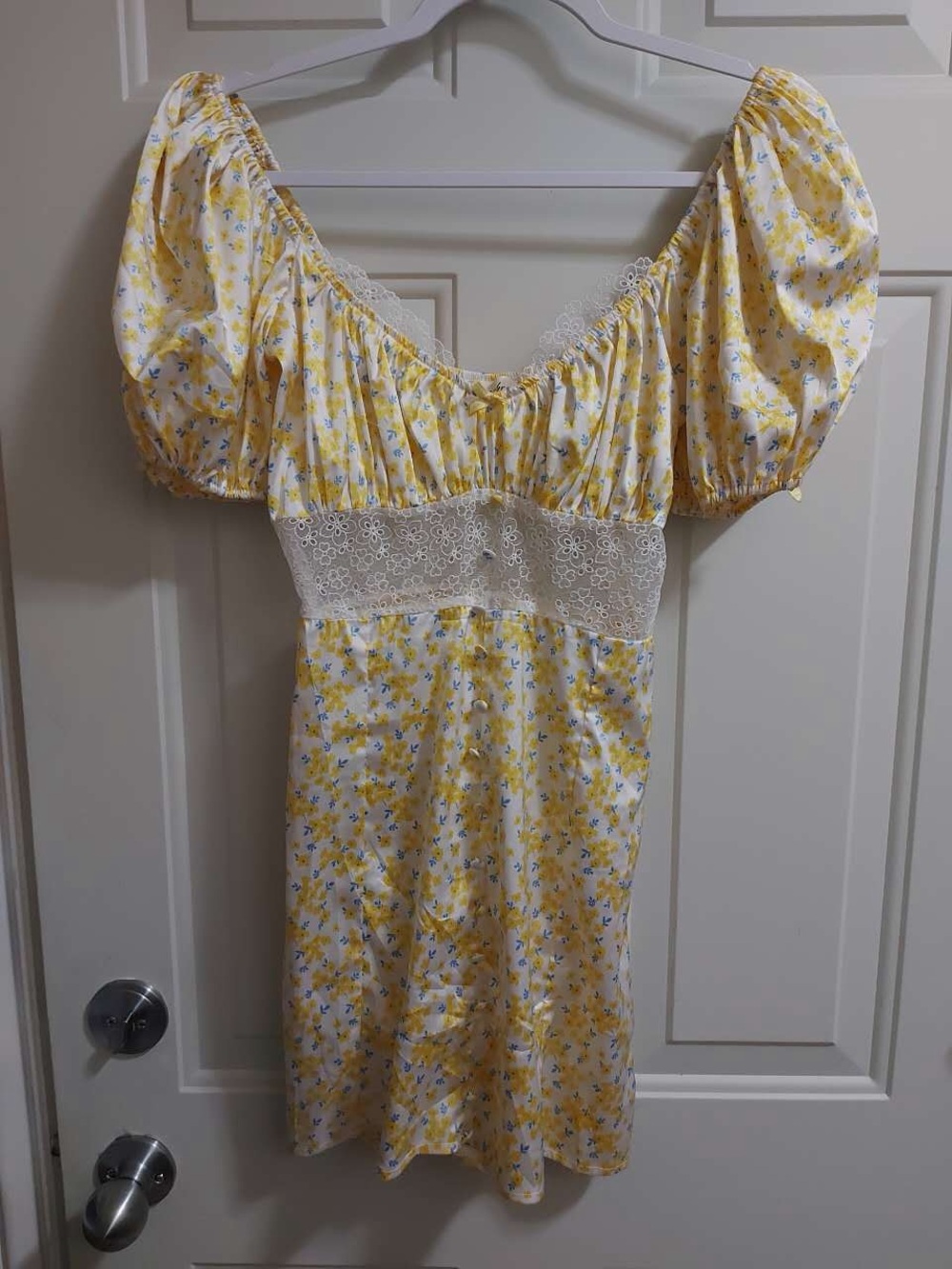 For Love and Lemons white and yellow floral satin short sleeve dress